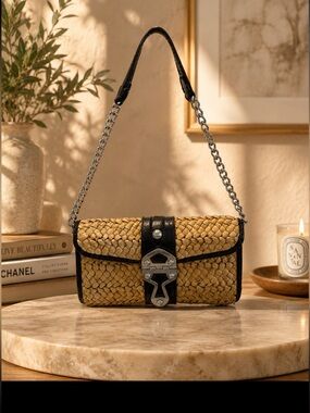 Michael Kors Straw Shoulder Bag with Black Trim and Silver Chain